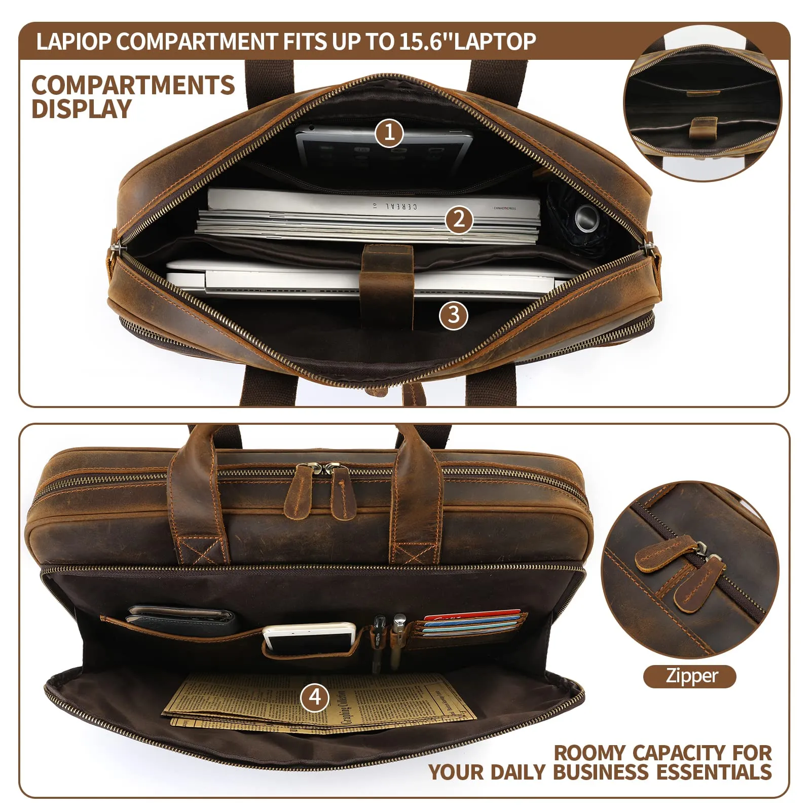 Jack&Chris Leather Briefcase for Men,Business Travel Laptop Messenger Bags with Attache Case 15.6",MB005-8L