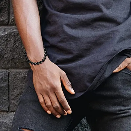 King Baby .925 Sterling Silver & 10mm Semi-Precious Stone Unisex Stretch Bracelet with Logo Rondelle Bead - Black Onyx, 7.5 Inches
