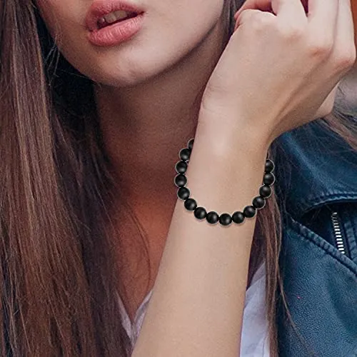 King Baby .925 Sterling Silver & 10mm Semi-Precious Stone Unisex Stretch Bracelet with Logo Rondelle Bead - Black Onyx, 7.5 Inches