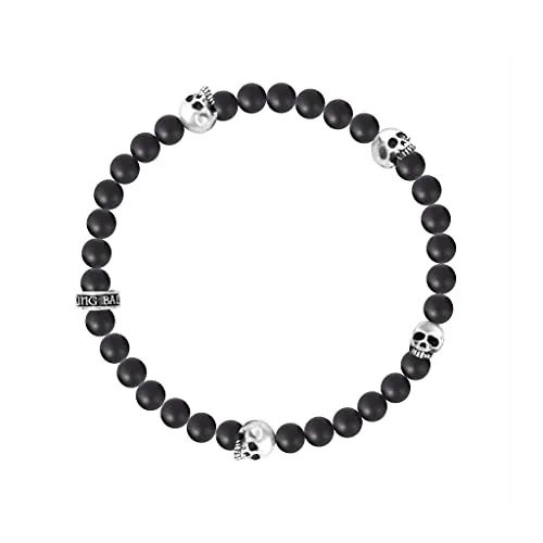 King Baby .925 Sterling Silver & 6mm Semi-Precious Stone Beaded Stretch Bracelet with 4 Skull Stations - Black Onyx, 8-3/4"