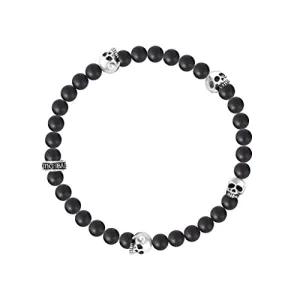 King Baby .925 Sterling Silver & 6mm Semi-Precious Stone Beaded Stretch Bracelet with 4 Skull Stations - Black Onyx, 8-3/4"