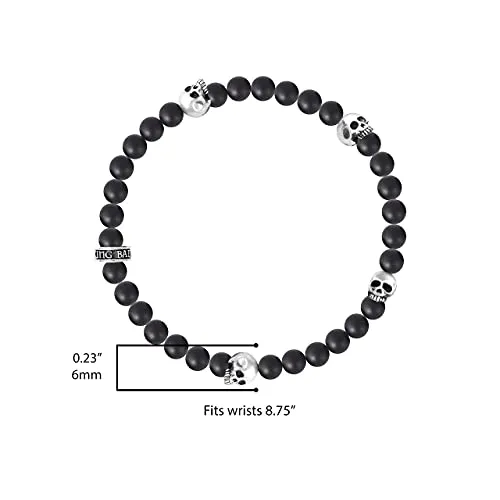 King Baby .925 Sterling Silver & 6mm Semi-Precious Stone Beaded Stretch Bracelet with 4 Skull Stations - Black Onyx, 8-3/4"