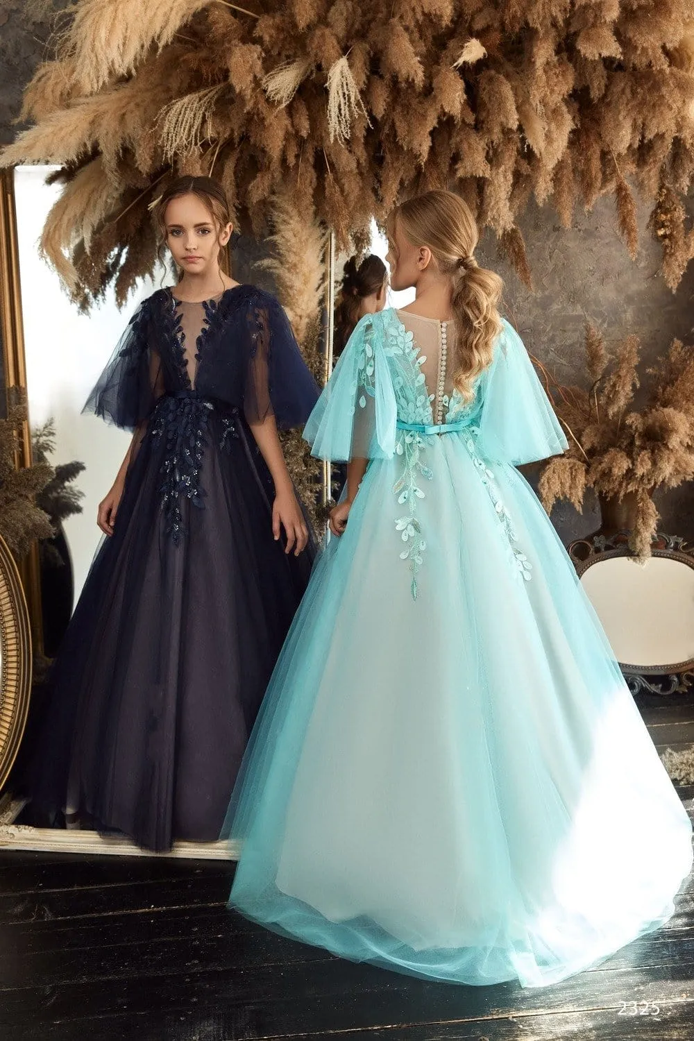 L2325 Light Blue Green Prom Dress for Kids Graduation