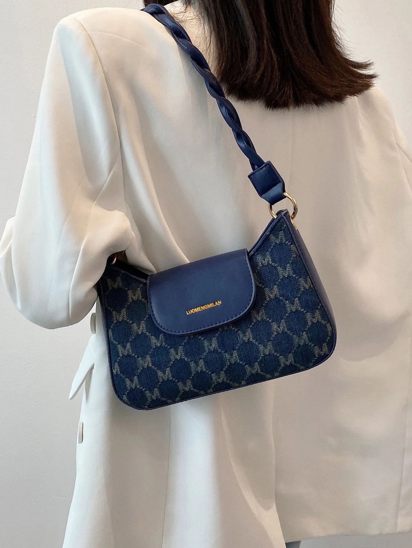 Letter Design Flap Cover Shoulder Bag - Navy Blue