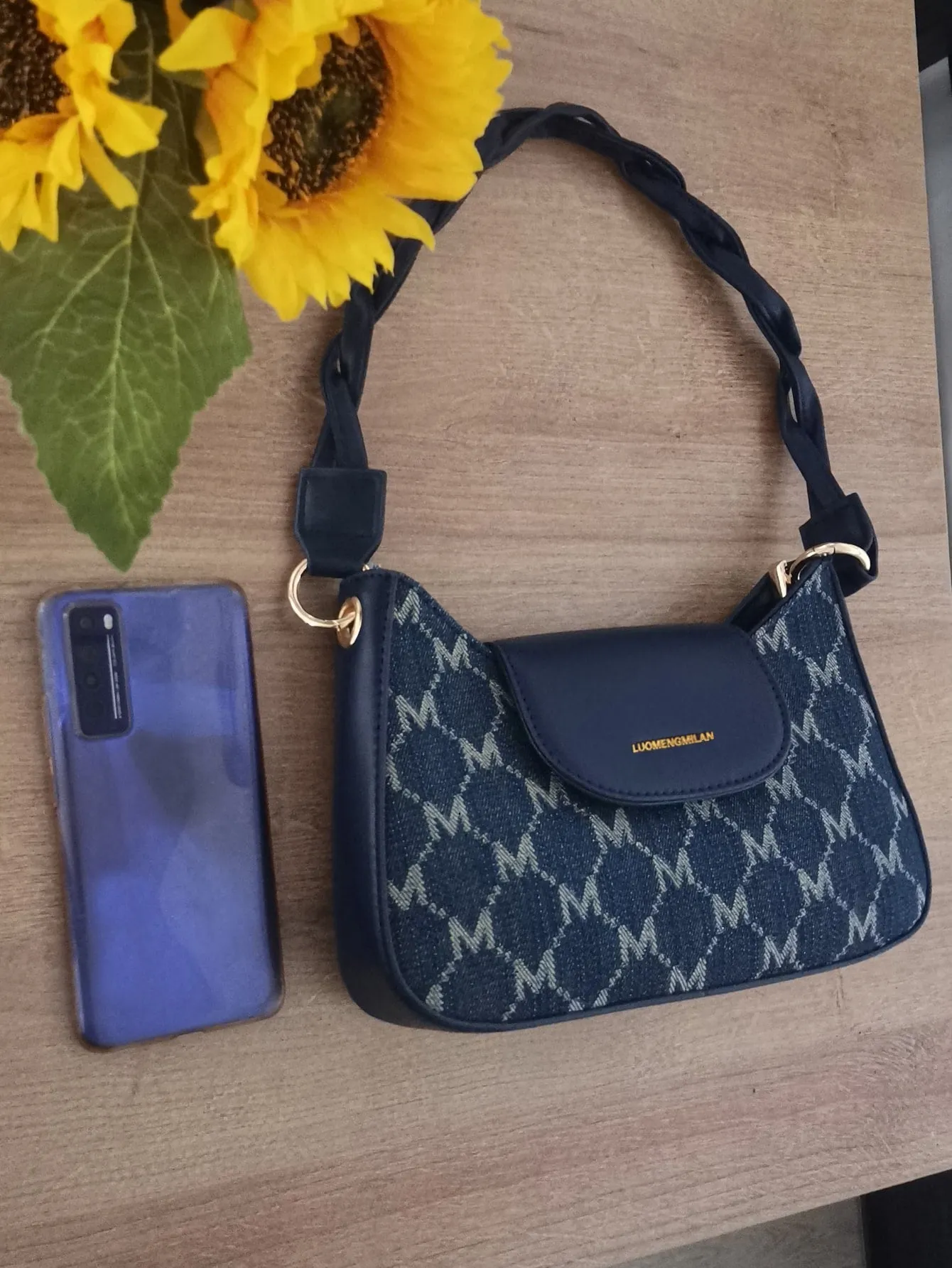 Letter Design Flap Cover Shoulder Bag - Navy Blue