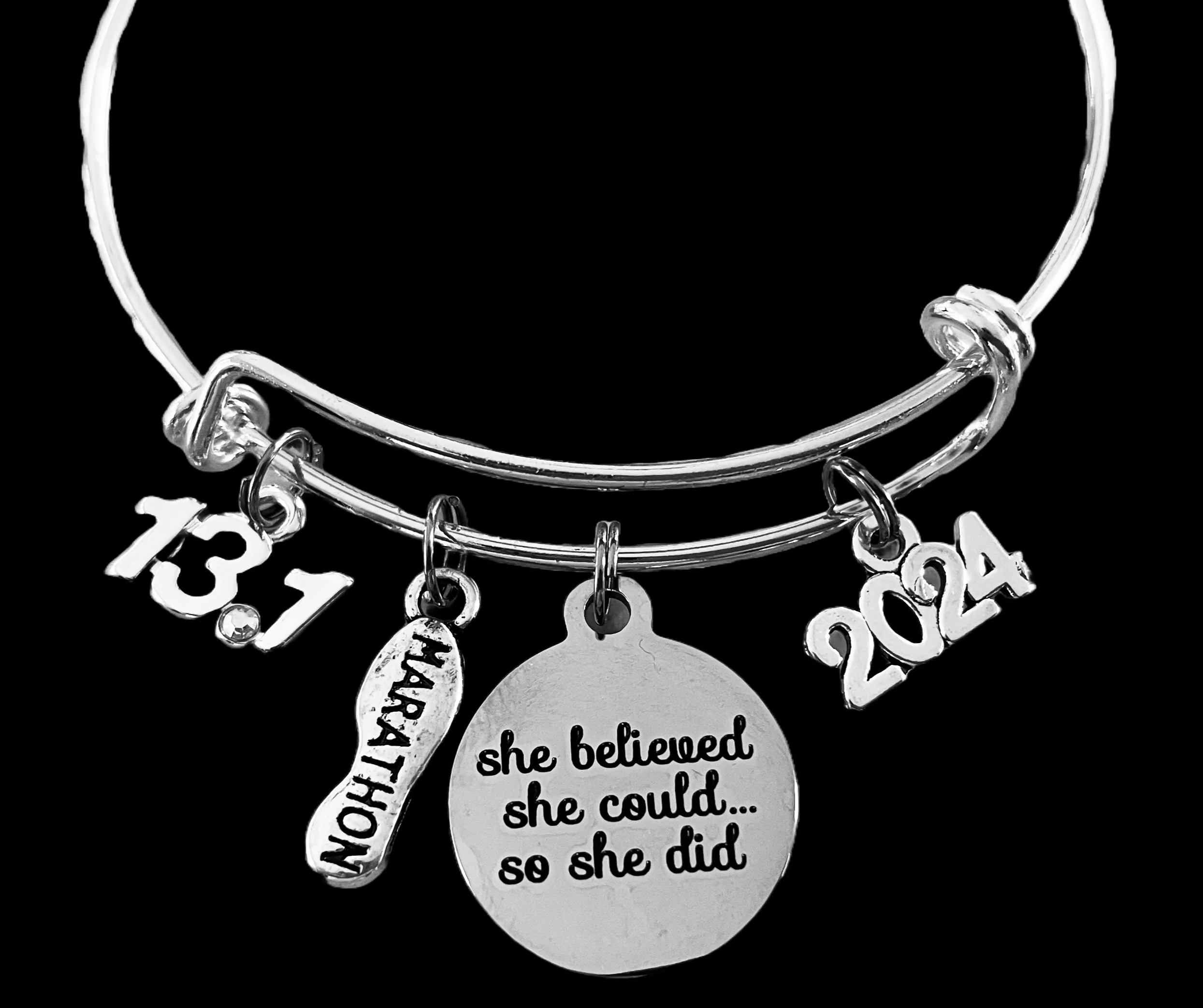 Marathon Runner Jewelry Adjustable Charm Bracelet 13.1 or 26.2 Expandable Silver Bangle