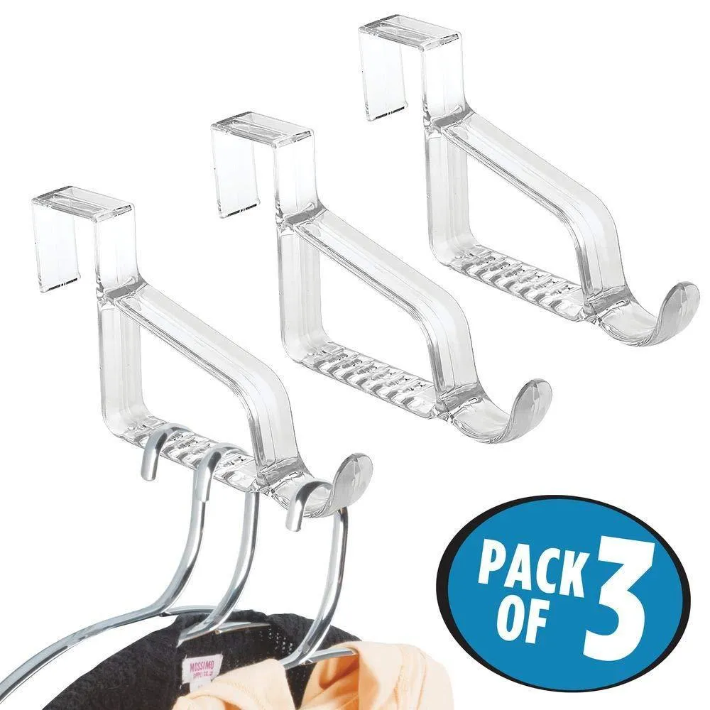 mDesign Modern Over Door Valet Hook - Multi Hanging Storage Organizer, Hook - for Coats, Hoodies, Hats, Scarves, Purses, Bath Towels & Robes - 3 Pack - Clear