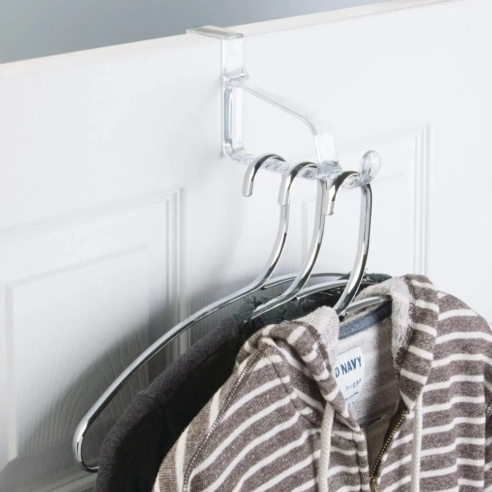 mDesign Modern Over Door Valet Hook - Multi Hanging Storage Organizer, Hook - for Coats, Hoodies, Hats, Scarves, Purses, Bath Towels & Robes - 3 Pack - Clear