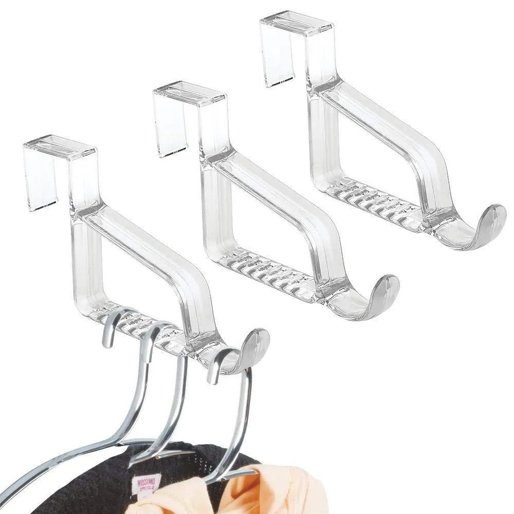 mDesign Modern Over Door Valet Hook - Multi Hanging Storage Organizer, Hook - for Coats, Hoodies, Hats, Scarves, Purses, Bath Towels & Robes - 3 Pack - Clear