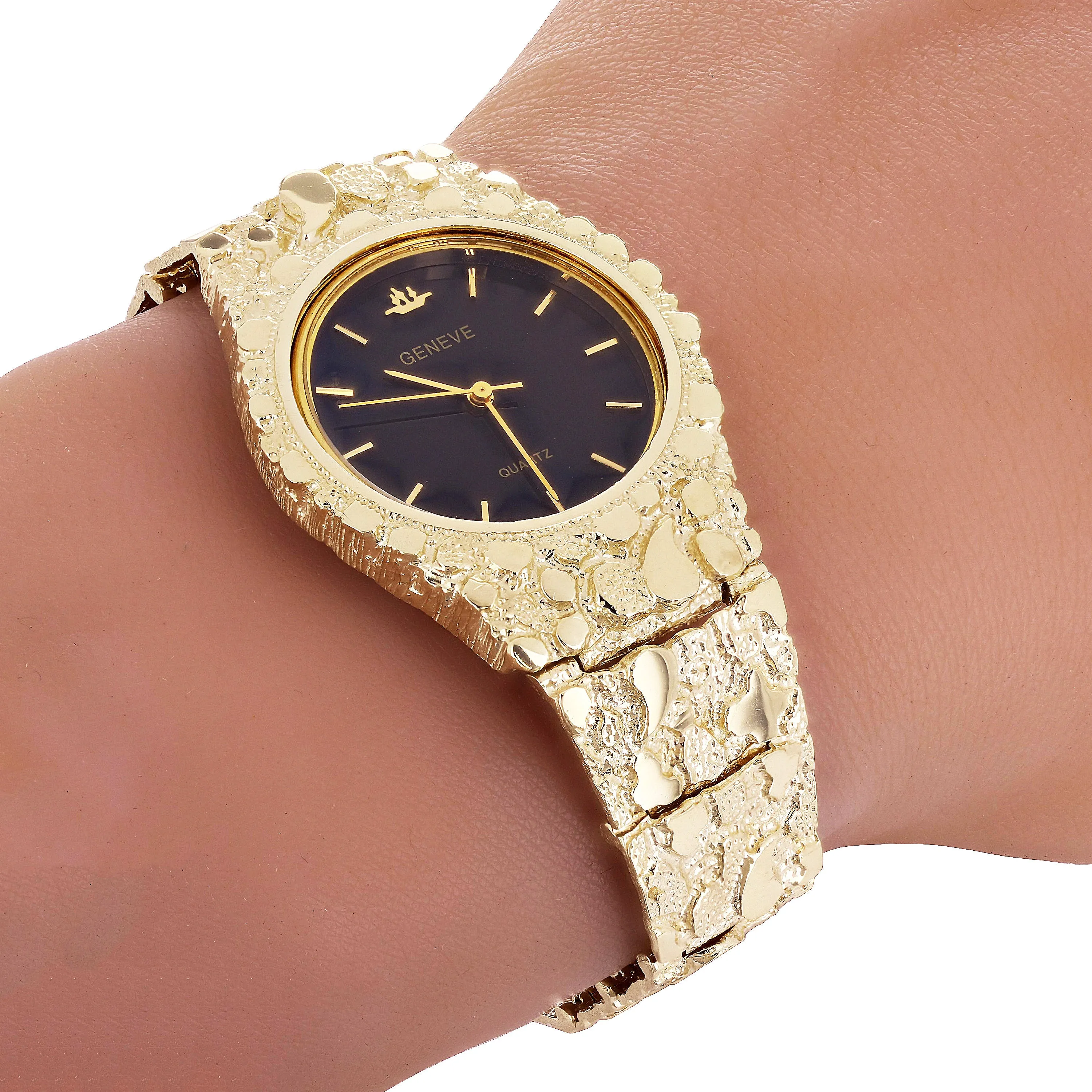Men's 10k Yellow Gold Nugget Link Band Geneve Wrist Watch 8.5-9" 57.1 grams