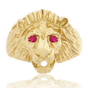Men's 14k Yellow Gold Lion Head Ring with Ruby Eyes 21mm Sizes 7-13