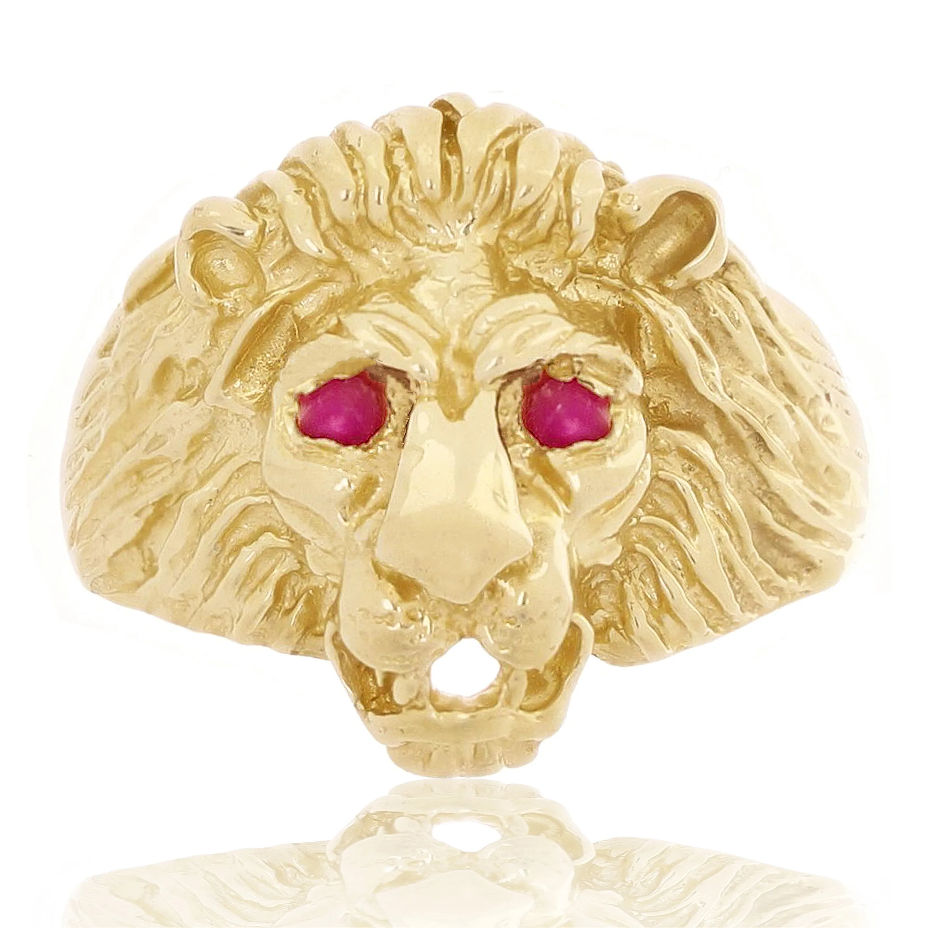 Men's 14k Yellow Gold Lion Head Ring with Ruby Eyes 21mm Sizes 7-13