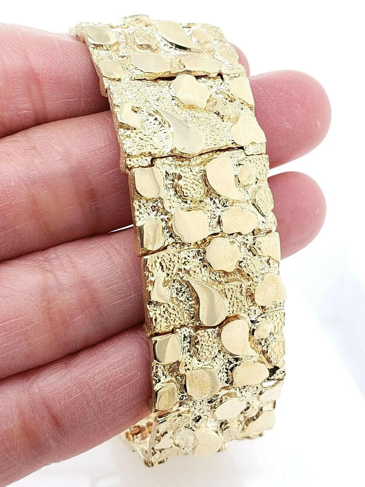 Men's 14k Yellow Gold Solid Nugget Bracelet Link 7-7.5" 21.5mm 55 grams