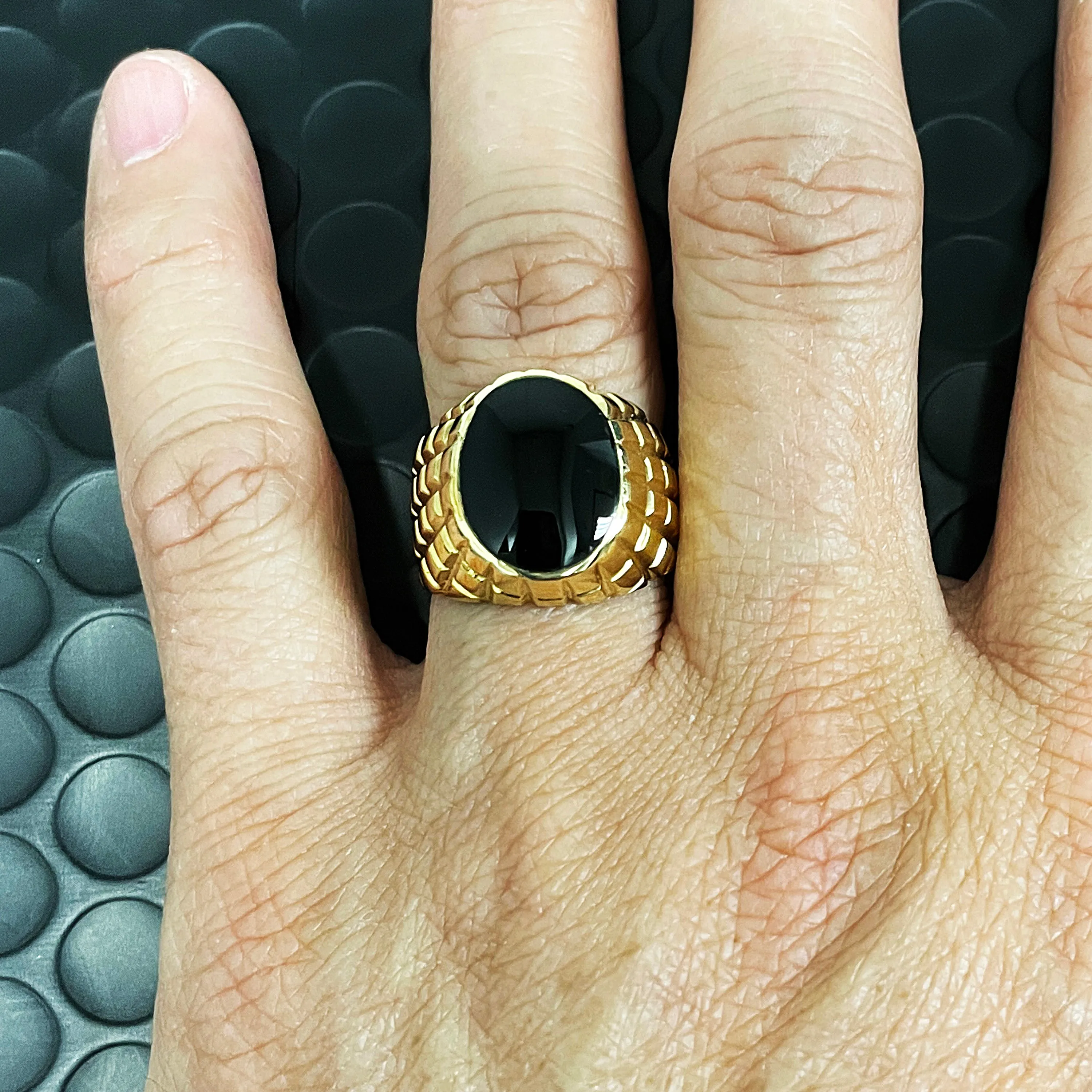 Men's 14k Yellow Gold Solid Oval Black Onyx Ring Sizes 7-13