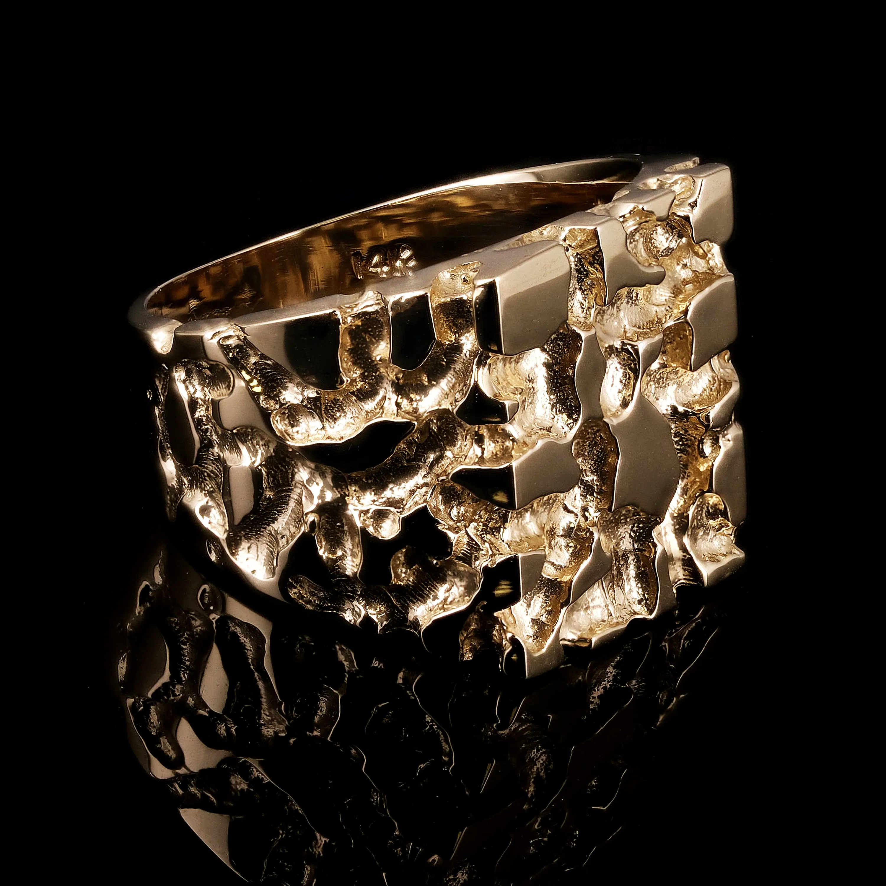 Men's 14k Yellow Gold Square Nugget Ring 16.4mm Size 7 - 12