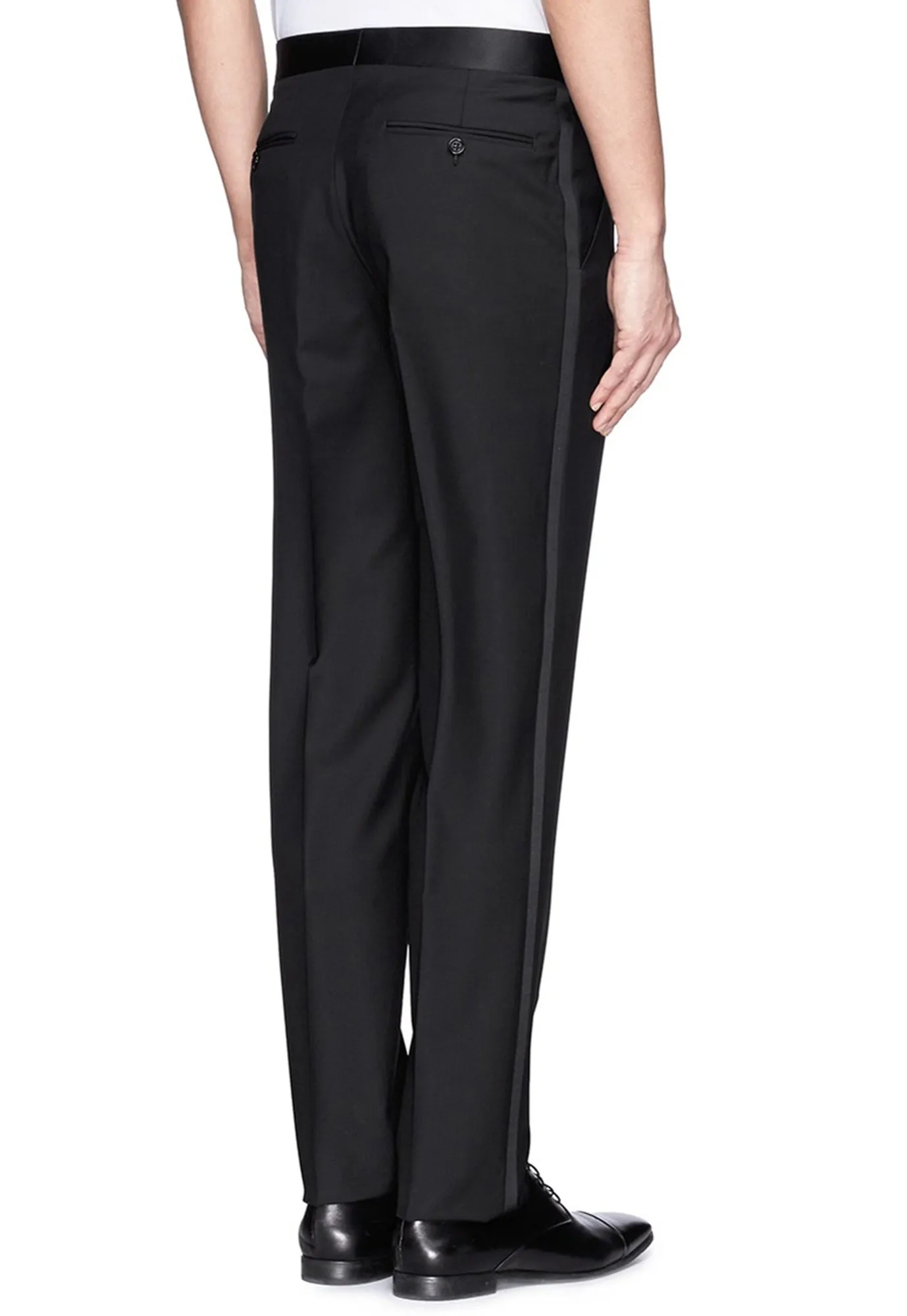Men's Black, Pleated Front, Comfort-Waist Tuxedo Pants with Satin Stripe