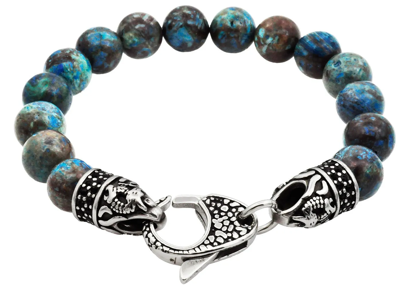 Men's Genuine Green Apatite Stainless Steel Beaded Bracelet  With Black Cubic Zirconia