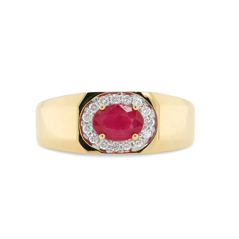 Men's Halo Ruby and Diamond Ring in Yellow Gold