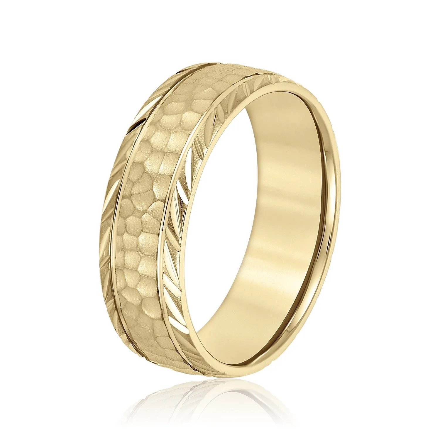 Men’s Leaf Pattern Edged Hammered Center Wedding Band
