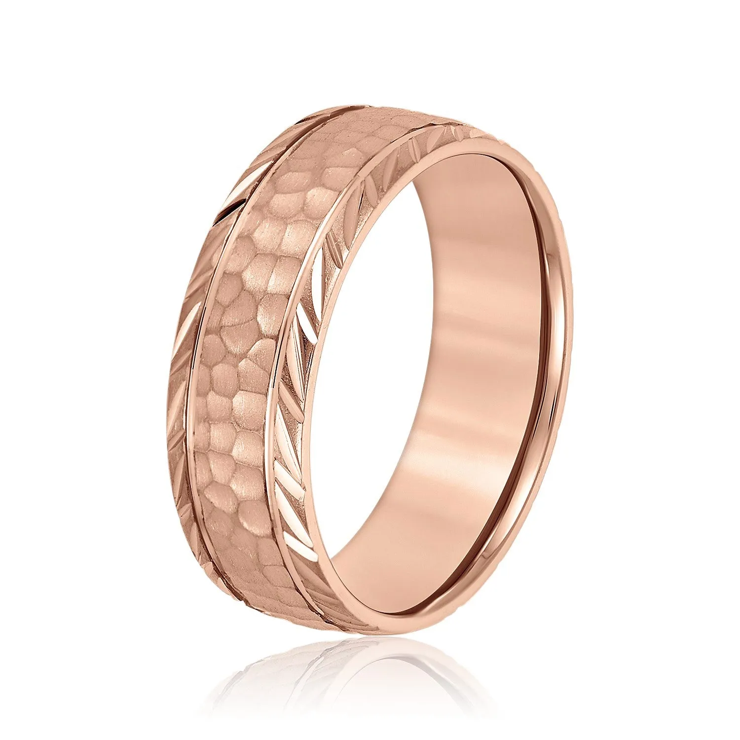 Men’s Leaf Pattern Edged Hammered Center Wedding Band