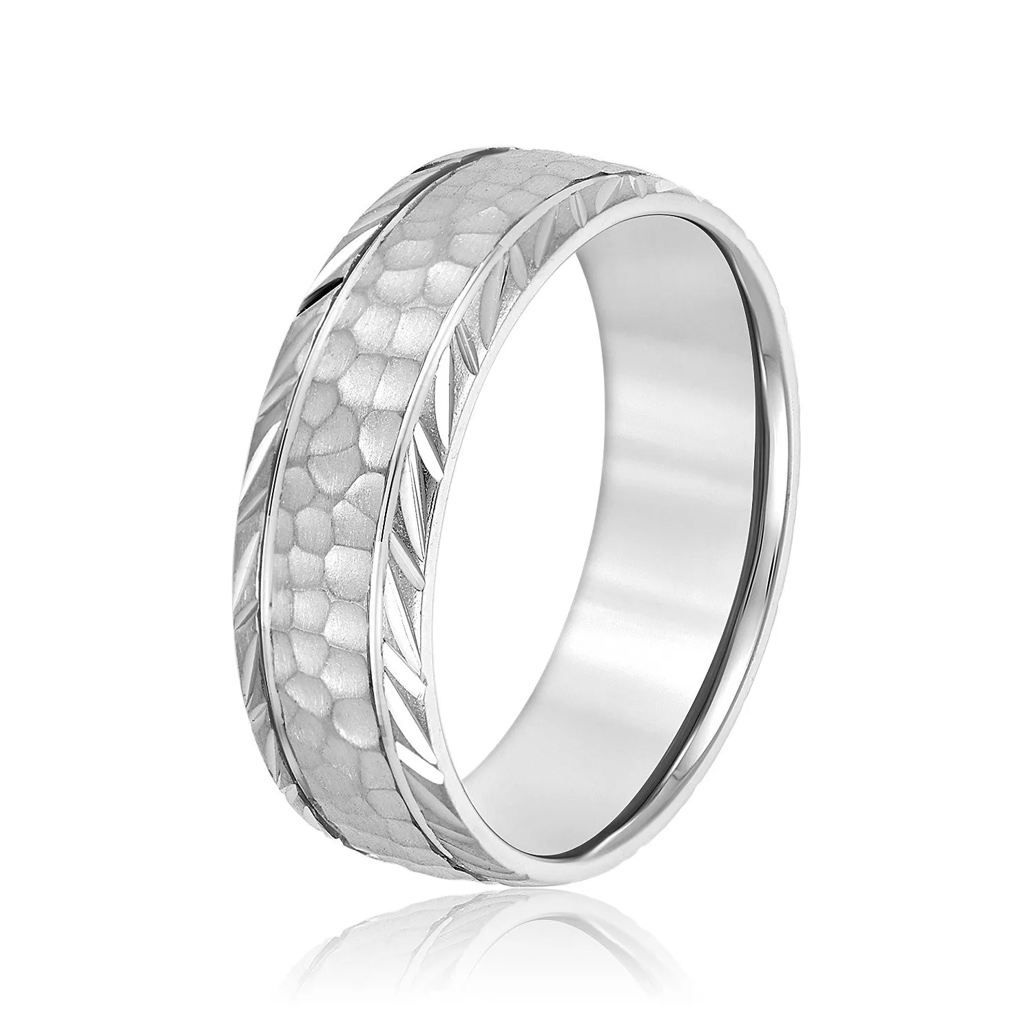Men’s Leaf Pattern Edged Hammered Center Wedding Band