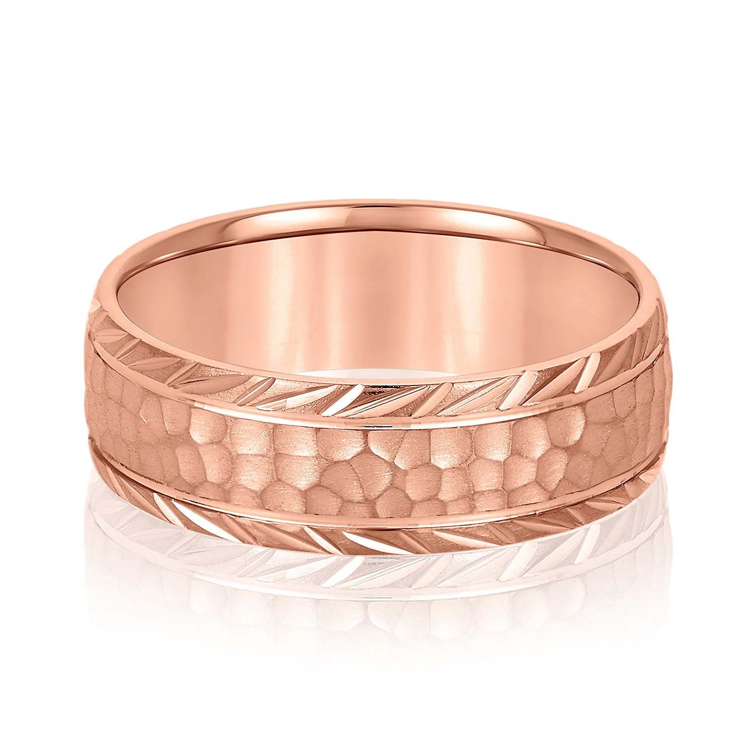 Men’s Leaf Pattern Edged Hammered Center Wedding Band