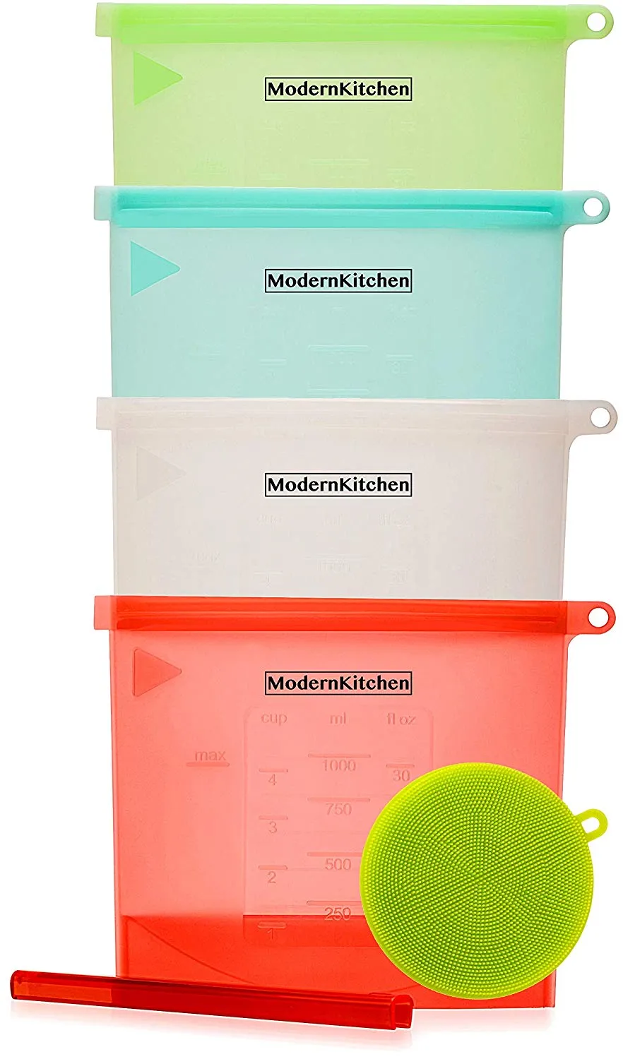 ModernKitchen Reusable Silicone Food Storage Bags with Reusable Scrubber Sponge - Eco Friendly Sandwich, Snack Bag, Dishwasher Safe, Quart Size (4pack 1)