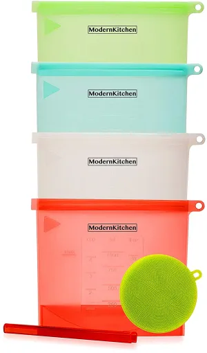 ModernKitchen Reusable Silicone Food Storage Bags with Reusable Scrubber Sponge - Eco Friendly Sandwich, Snack Bag, Dishwasher Safe, Quart Size (4pack 1)
