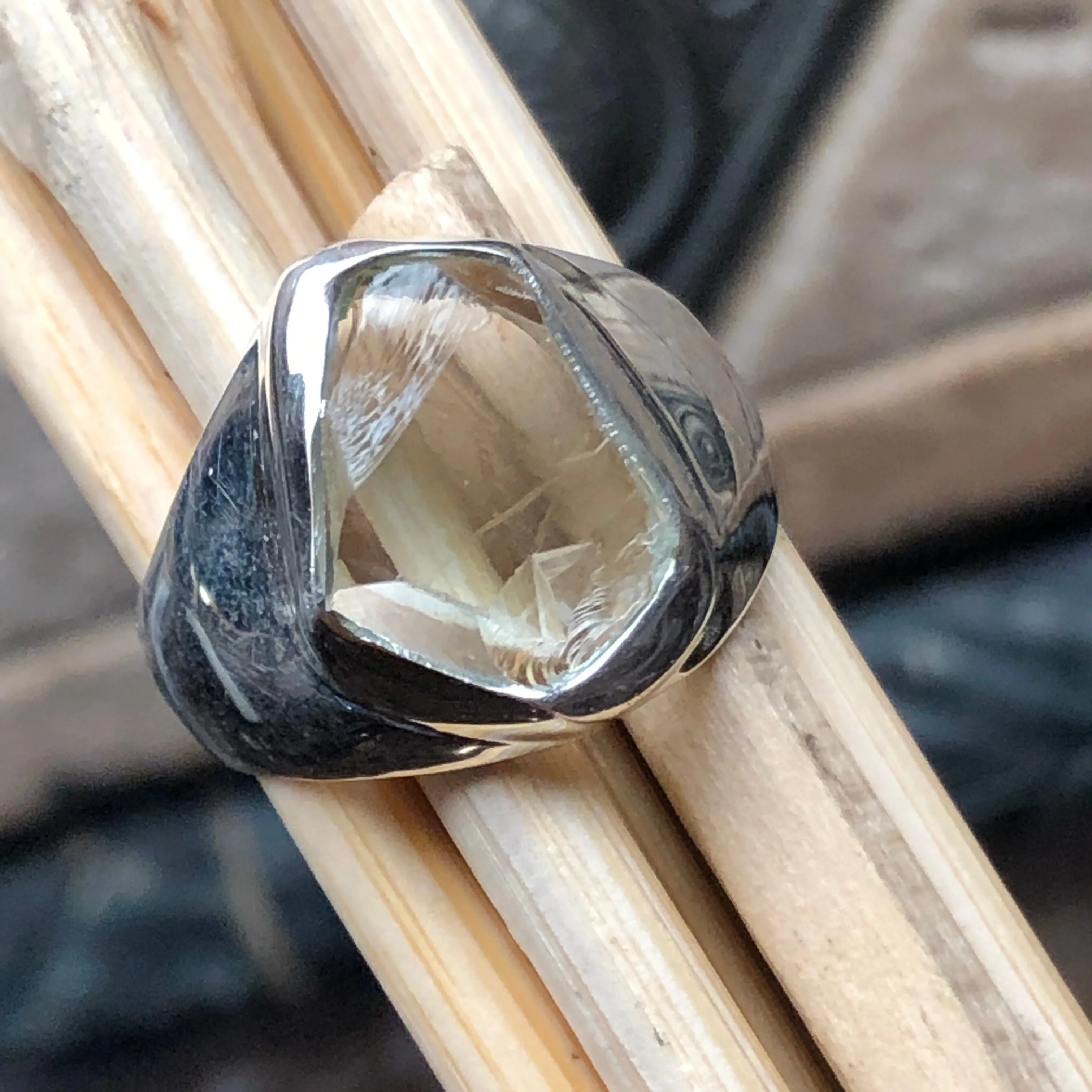 Natural Green Amethyst 925 Solid Sterling Silver Men's Ring Size 8.25