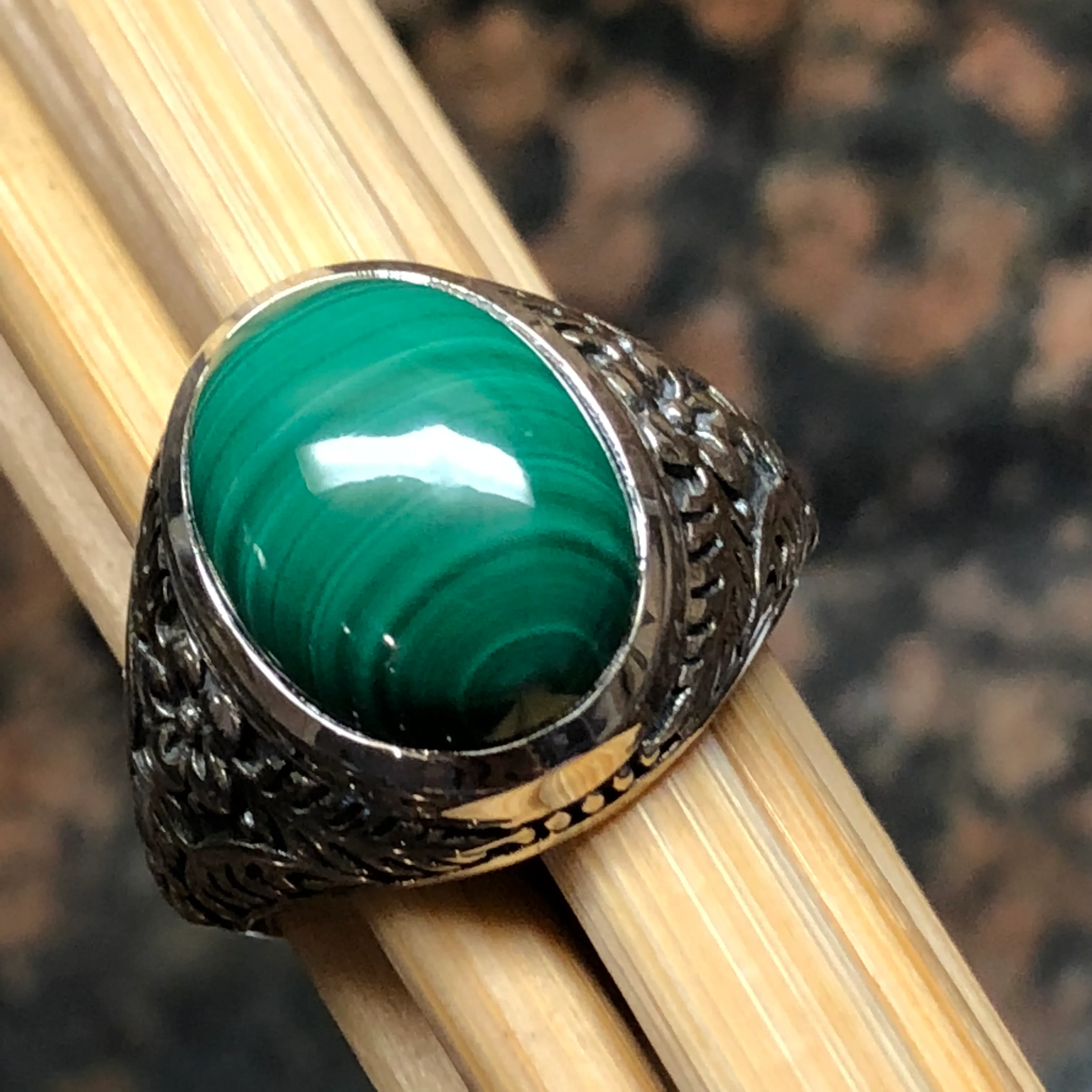 Natural Green Malachite 925 Solid Sterling Silver Men's Ring Size 8, 9, 10, 11, 12