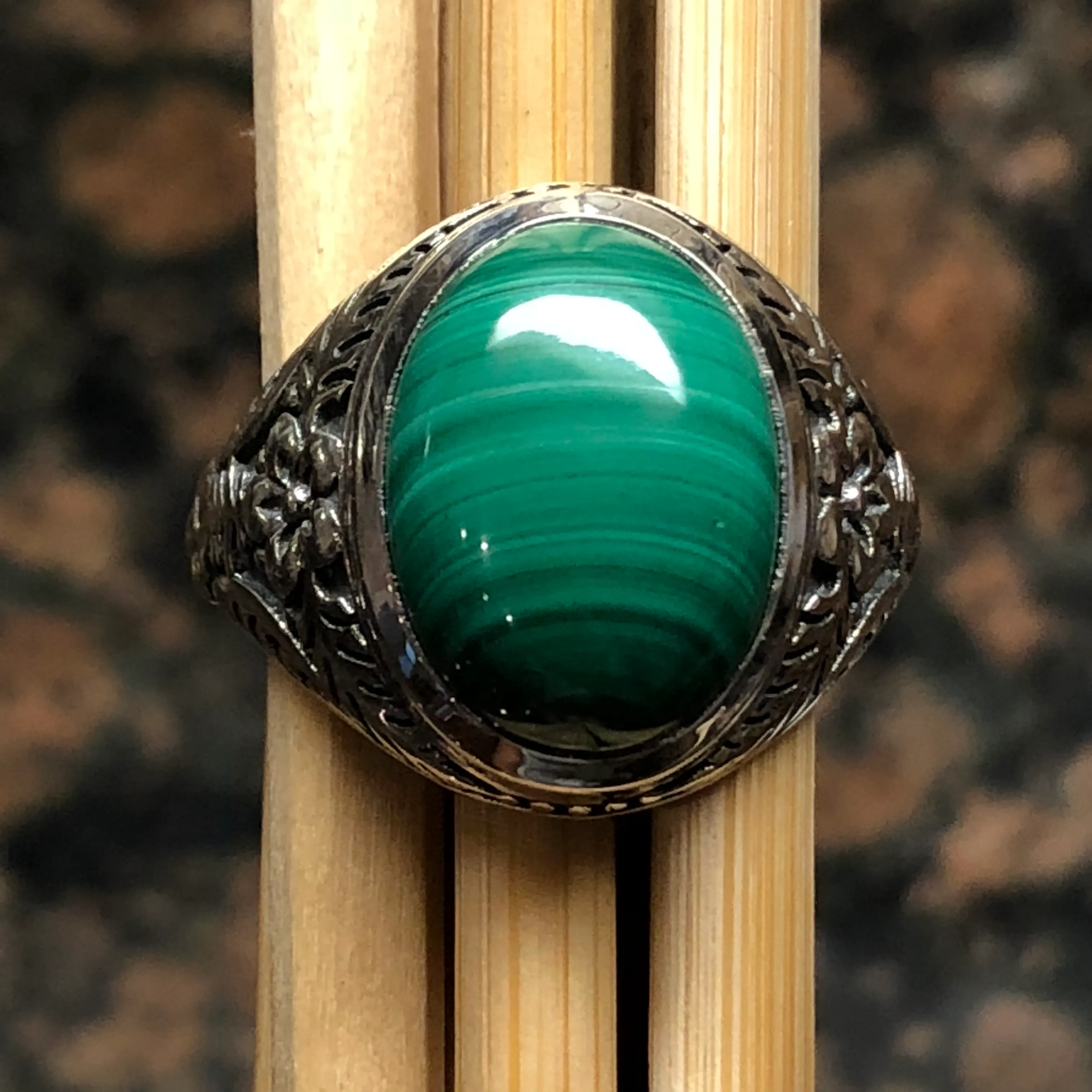 Natural Green Malachite 925 Solid Sterling Silver Men's Ring Size 8, 9, 10, 11, 12