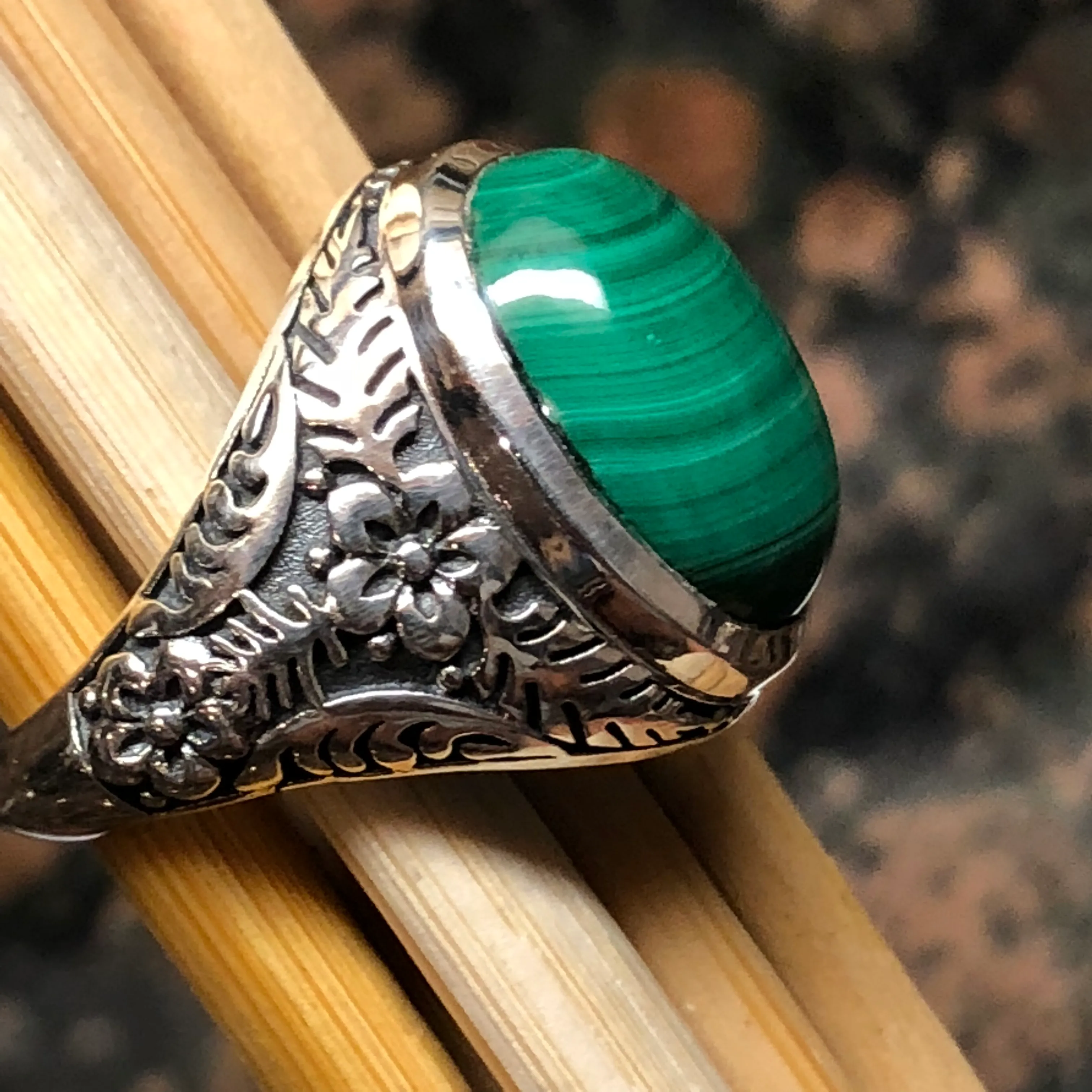 Natural Green Malachite 925 Solid Sterling Silver Men's Ring Size 8, 9, 10, 11, 12