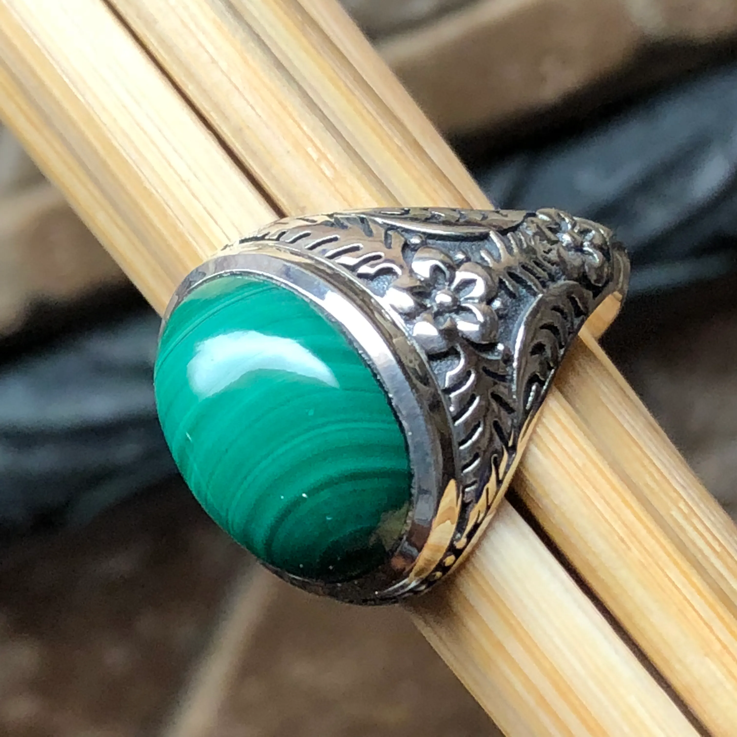 Natural Green Malachite 925 Solid Sterling Silver Men's Ring Size 8, 9, 10, 11, 12