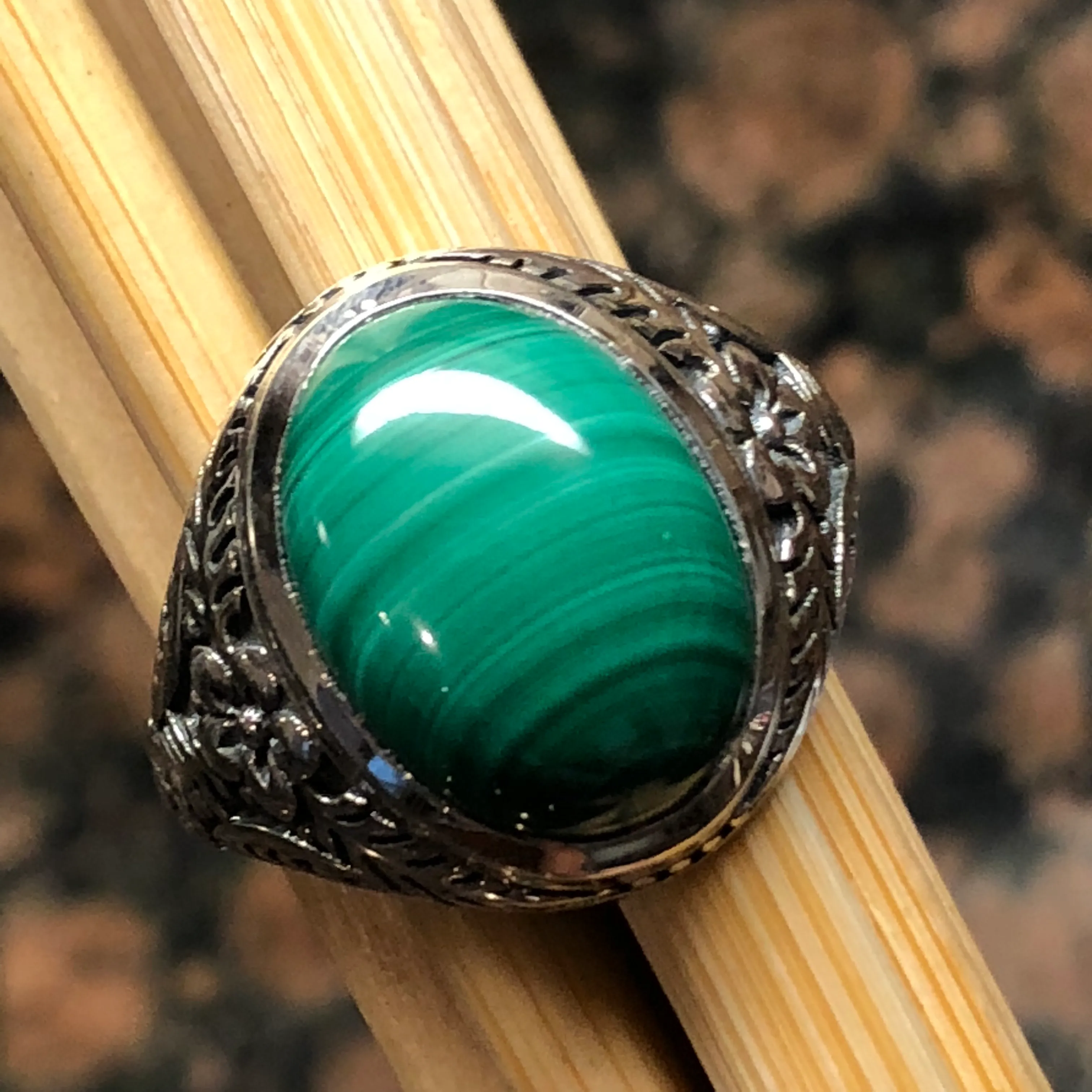 Natural Green Malachite 925 Solid Sterling Silver Men's Ring Size 8, 9, 10, 11, 12