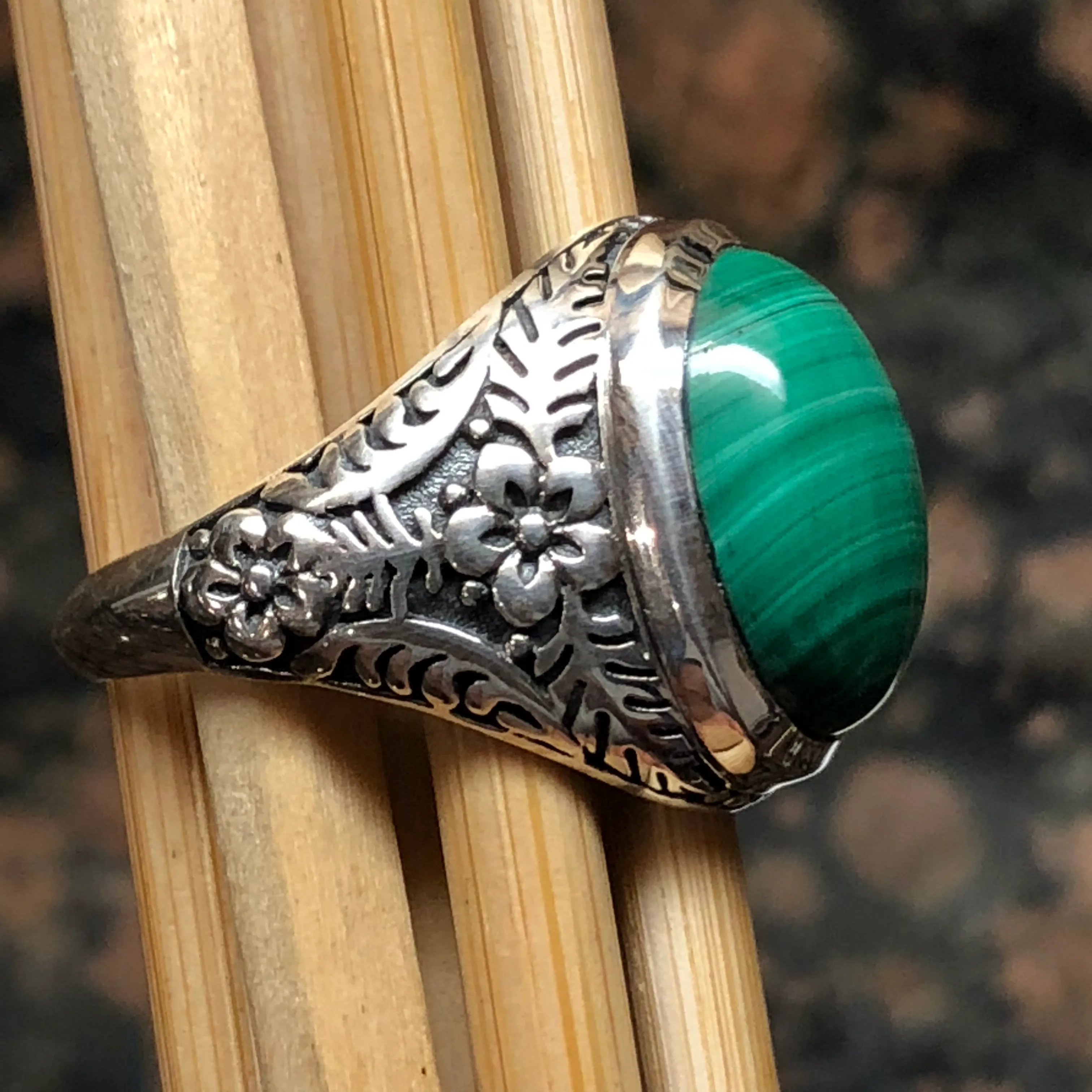Natural Green Malachite 925 Solid Sterling Silver Men's Ring Size 8, 9, 10, 11, 12