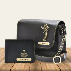 Personalized Couple's Combo : Chained Sling Bag ( Product 1 ) & Men's Wallet (Product 2) - Black