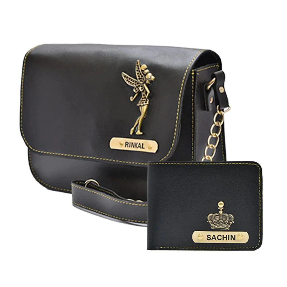 Personalized Couple's Combo : Chained Sling Bag ( Product 1 ) & Men's Wallet (Product 2) - Black