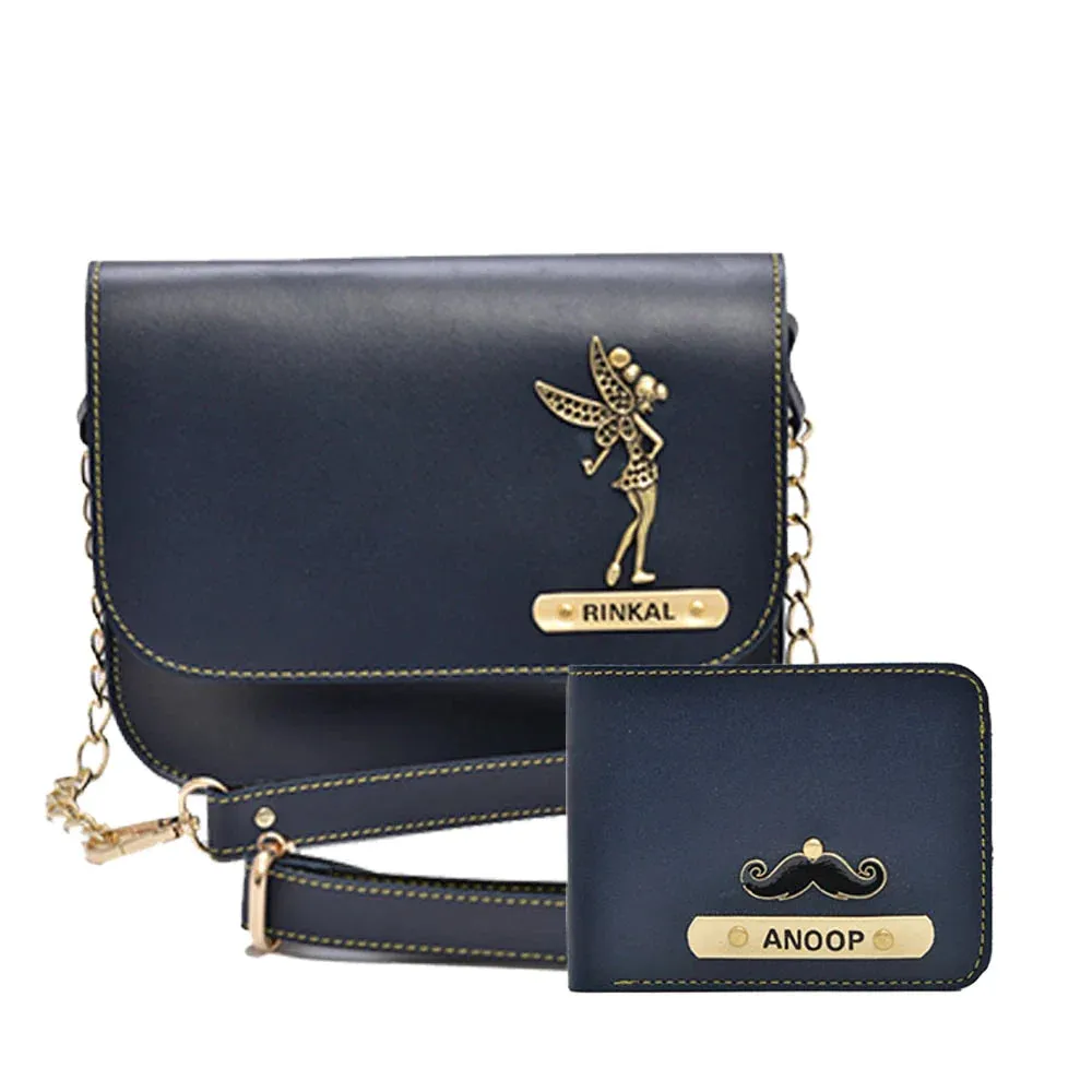 Personalized Couple's Combo : Chained Sling Bag( Product 1 ) & Men's Wallet (Product 2)- Royal Blue