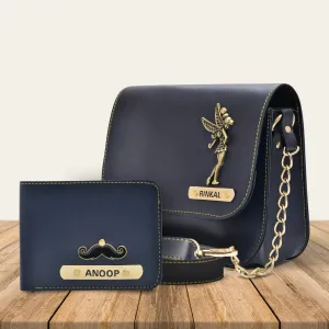 Personalized Couple's Combo : Chained Sling Bag( Product 1 ) & Men's Wallet (Product 2)- Royal Blue