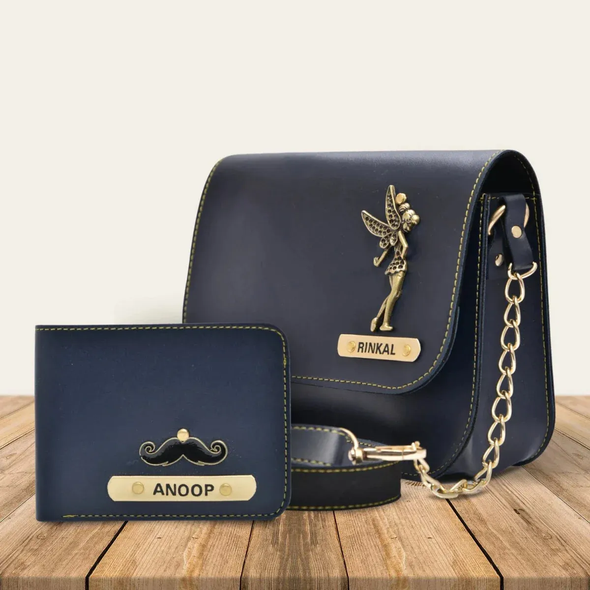 Personalized Couple's Combo : Chained Sling Bag( Product 1 ) & Men's Wallet (Product 2)- Royal Blue