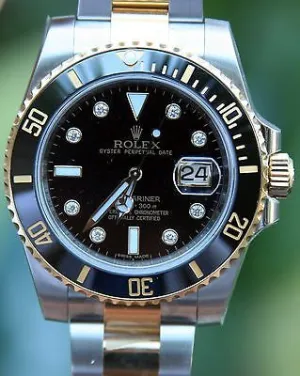 ROLEX 18k GOLD & STEEL MENS SUBMARINER WATCH FACTORY DIAMOND DIAL WARRANTY CARD