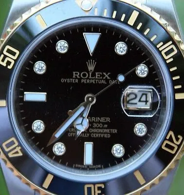 ROLEX 18k GOLD & STEEL MENS SUBMARINER WATCH FACTORY DIAMOND DIAL WARRANTY CARD