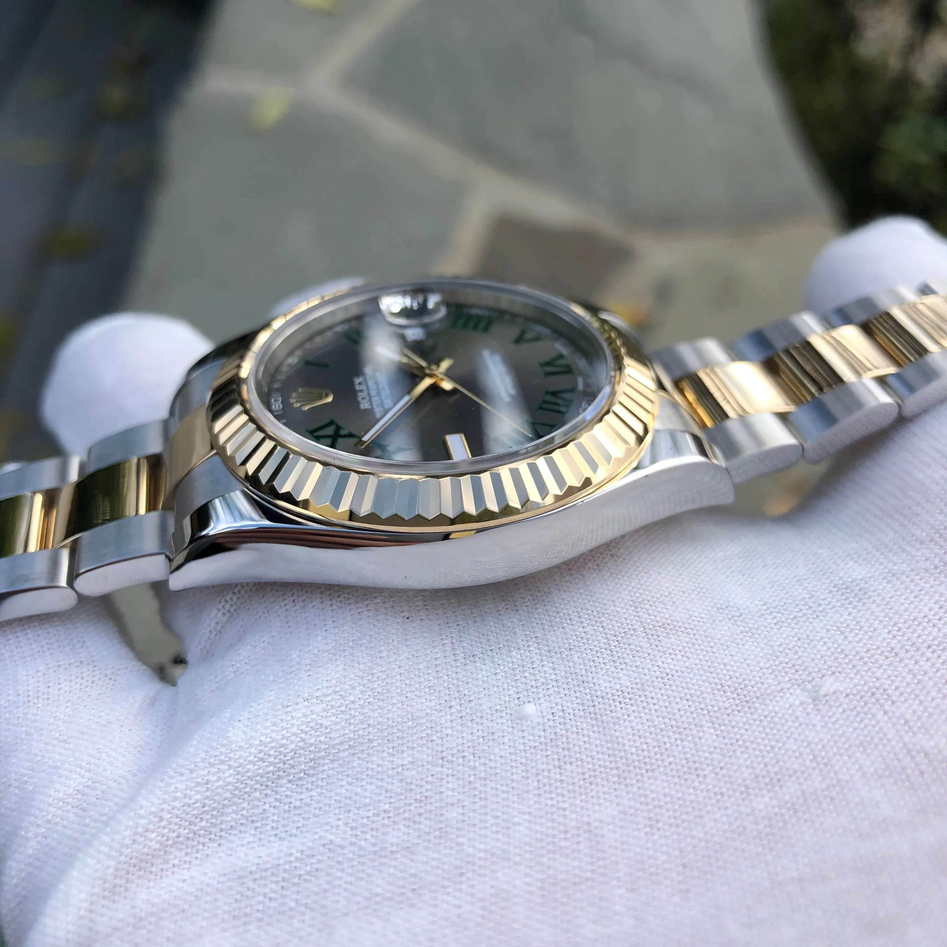 Rolex Datejust II 116333 Wimbledon 18K Gold Steel Two Tone Slate Green Roman 41mm Wristwatch Box Papers
