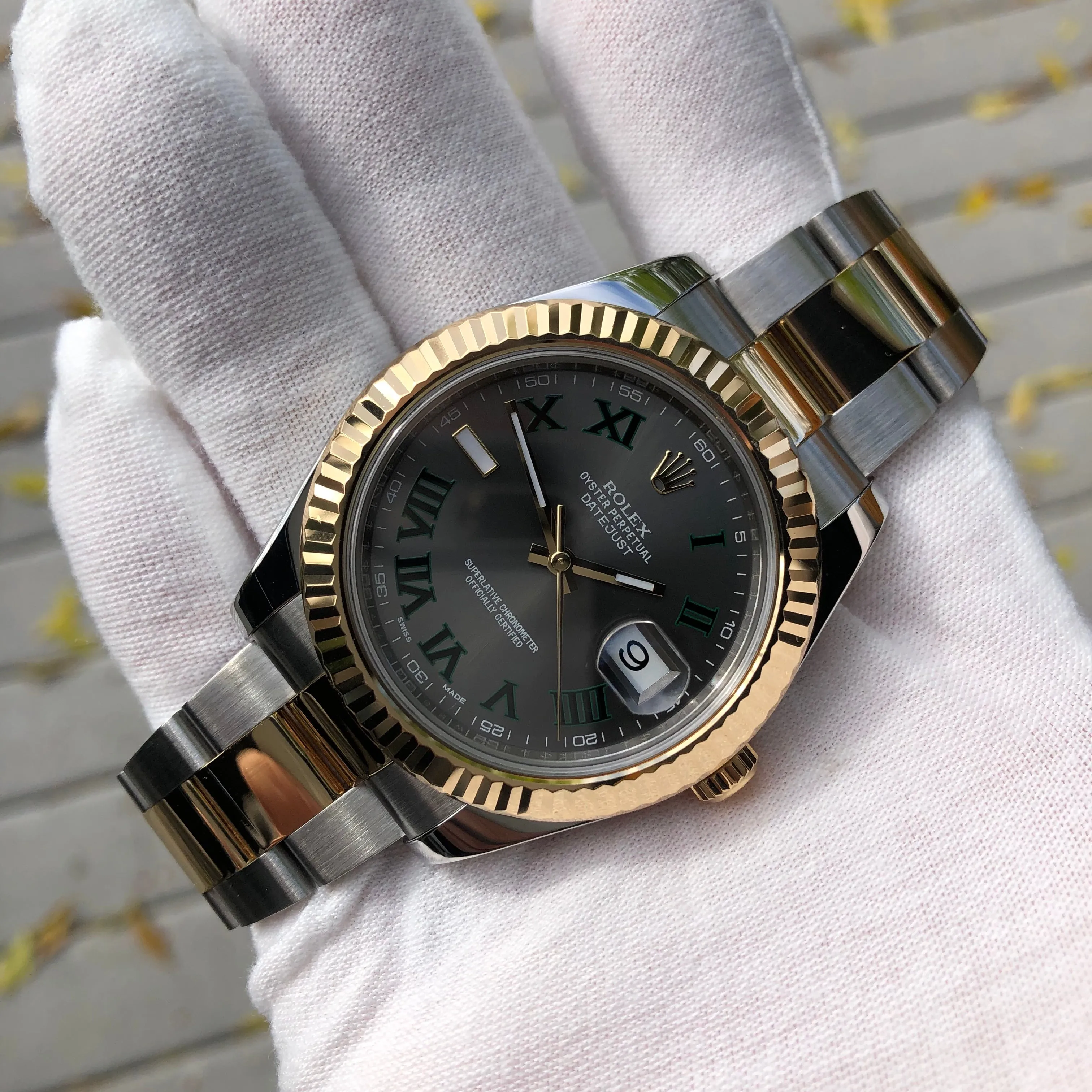 Rolex Datejust II 116333 Wimbledon 18K Gold Steel Two Tone Slate Green Roman 41mm Wristwatch Box Papers
