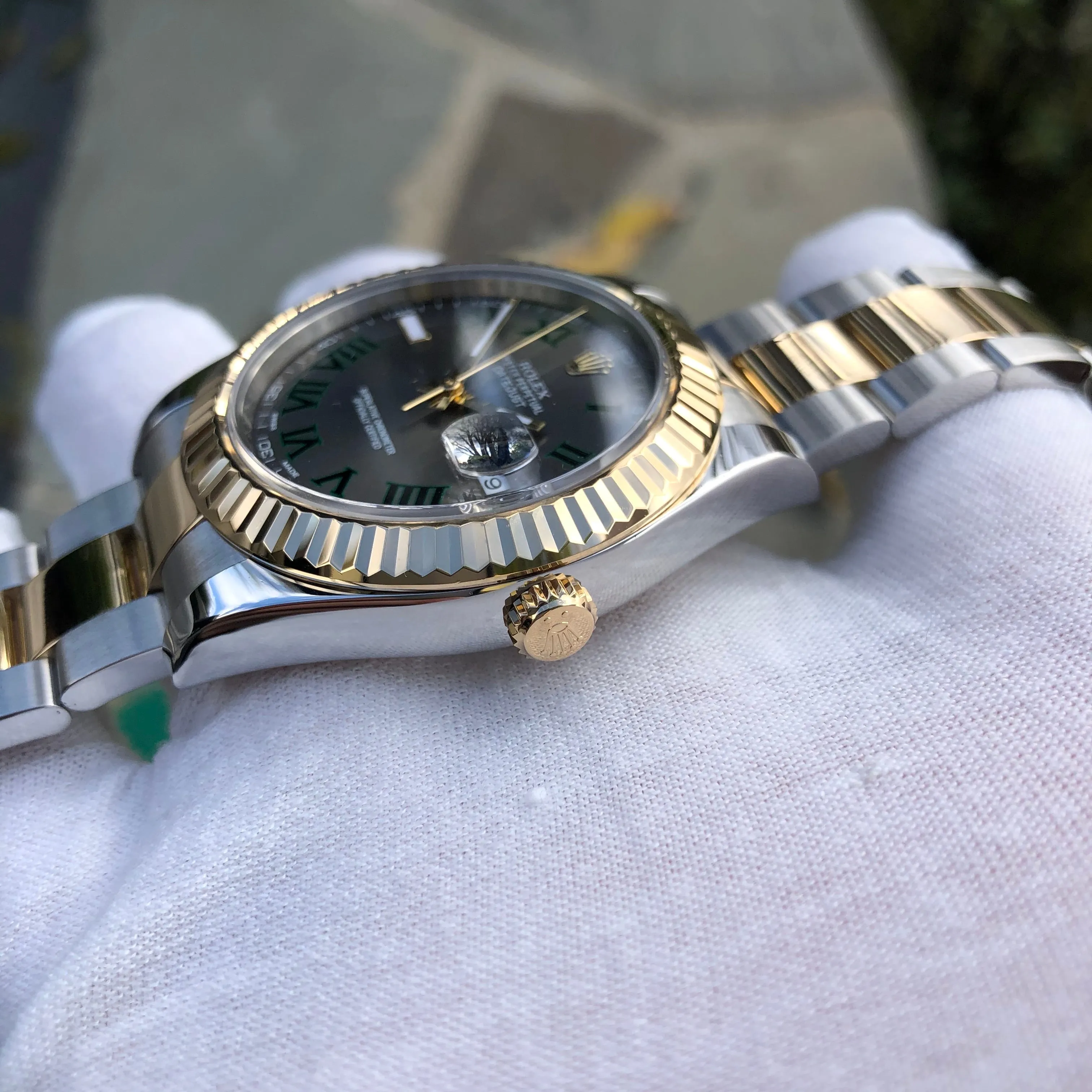 Rolex Datejust II 116333 Wimbledon 18K Gold Steel Two Tone Slate Green Roman 41mm Wristwatch Box Papers