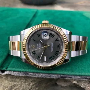 Rolex Datejust II 116333 Wimbledon 18K Gold Steel Two Tone Slate Green Roman 41mm Wristwatch Box Papers