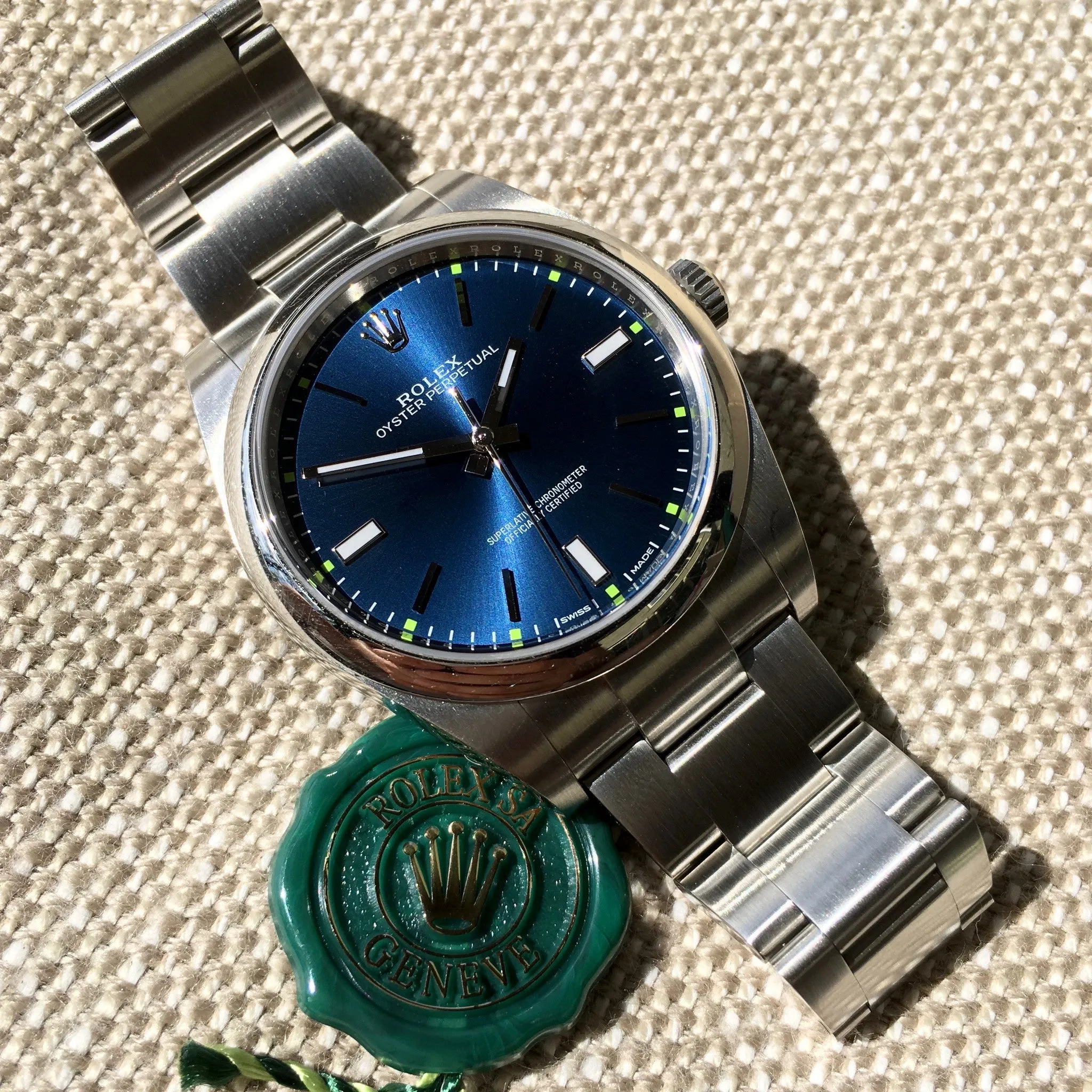 Rolex Oyster Perpetual 114300 Blue Green Stainless Steel Mens Automatic Watch