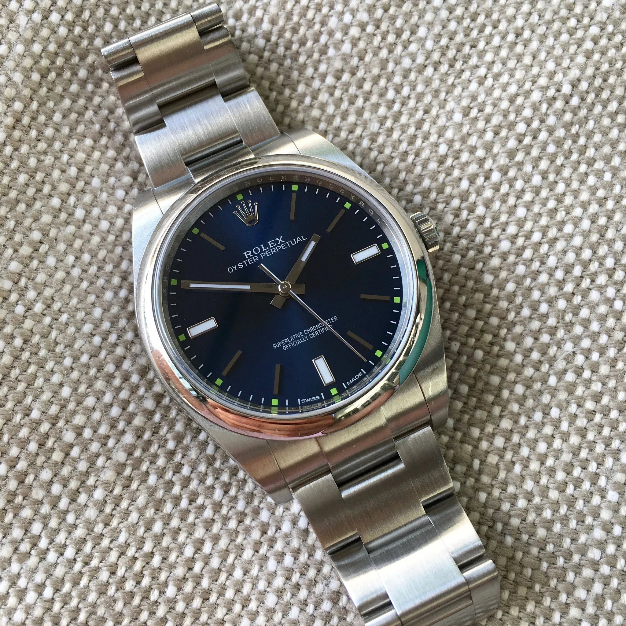 Rolex Oyster Perpetual 114300 Blue Green Stainless Steel Mens Automatic Watch