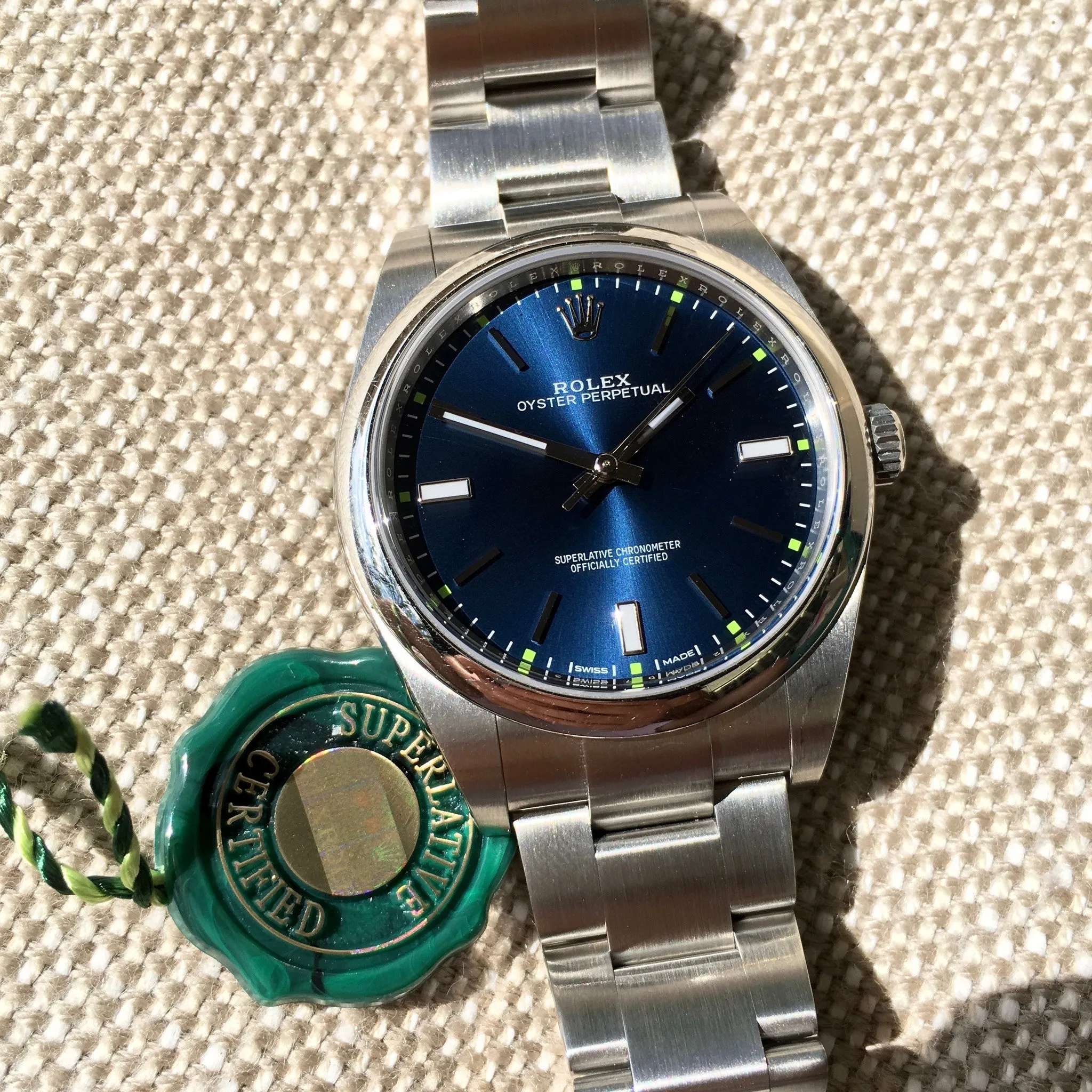 Rolex Oyster Perpetual 114300 Blue Green Stainless Steel Mens Automatic Watch