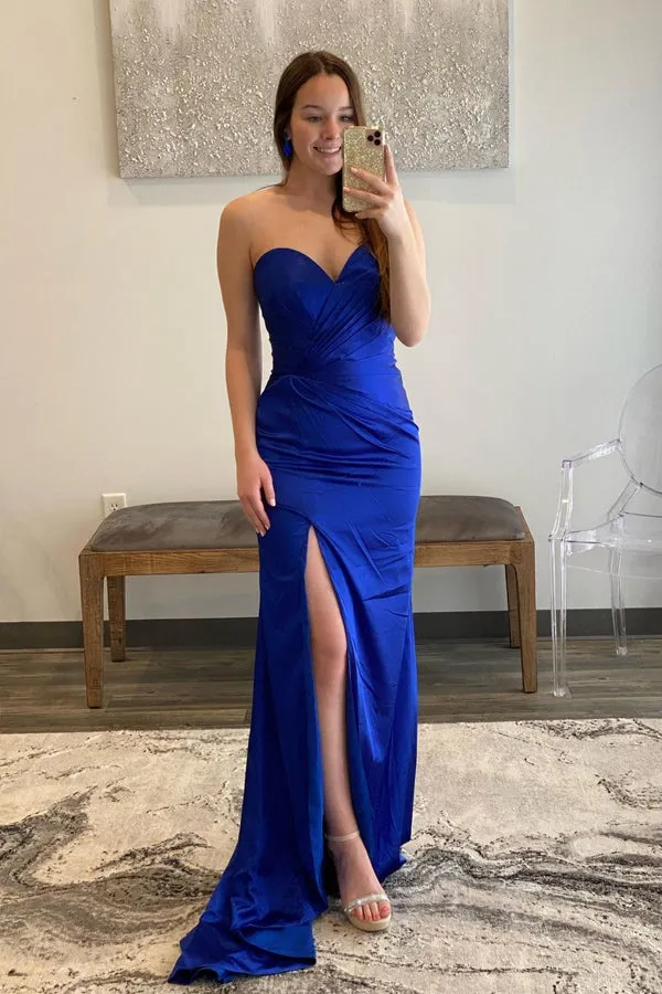 Royal Blue Satin Sweetheart Simple Mermaid Prom Dresses TP1281